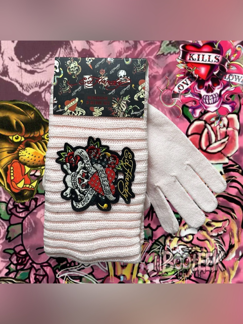Ed Hardy Pink Headband Ear Muff & Gloves Gift Set Rhinestone LKS Skull NEW Y2K